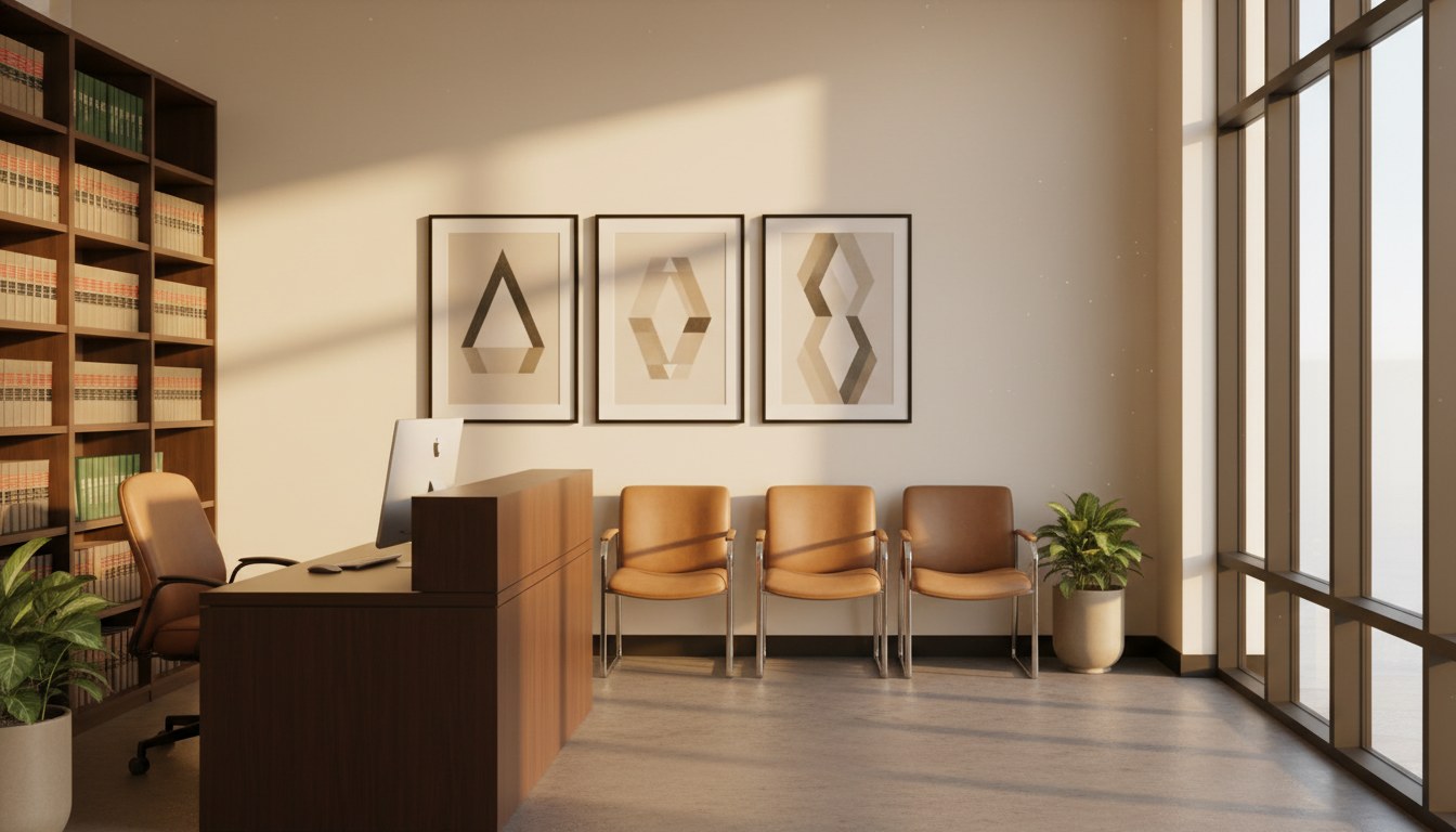Law firm reception with dark wood desk, leather chairs, and legal volumes in soft focus